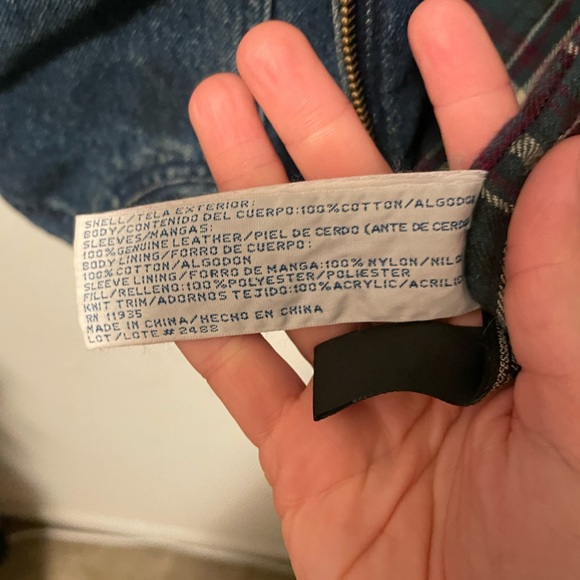 Vintage Arizona 90s Jean Jacket Flannel Lined Suede Leather Sleeves chore Coat L - Picture 4 of 15